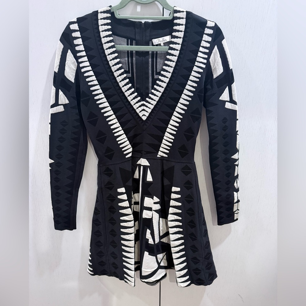 Parker Black and White Geometric V-Neck Knit Dress